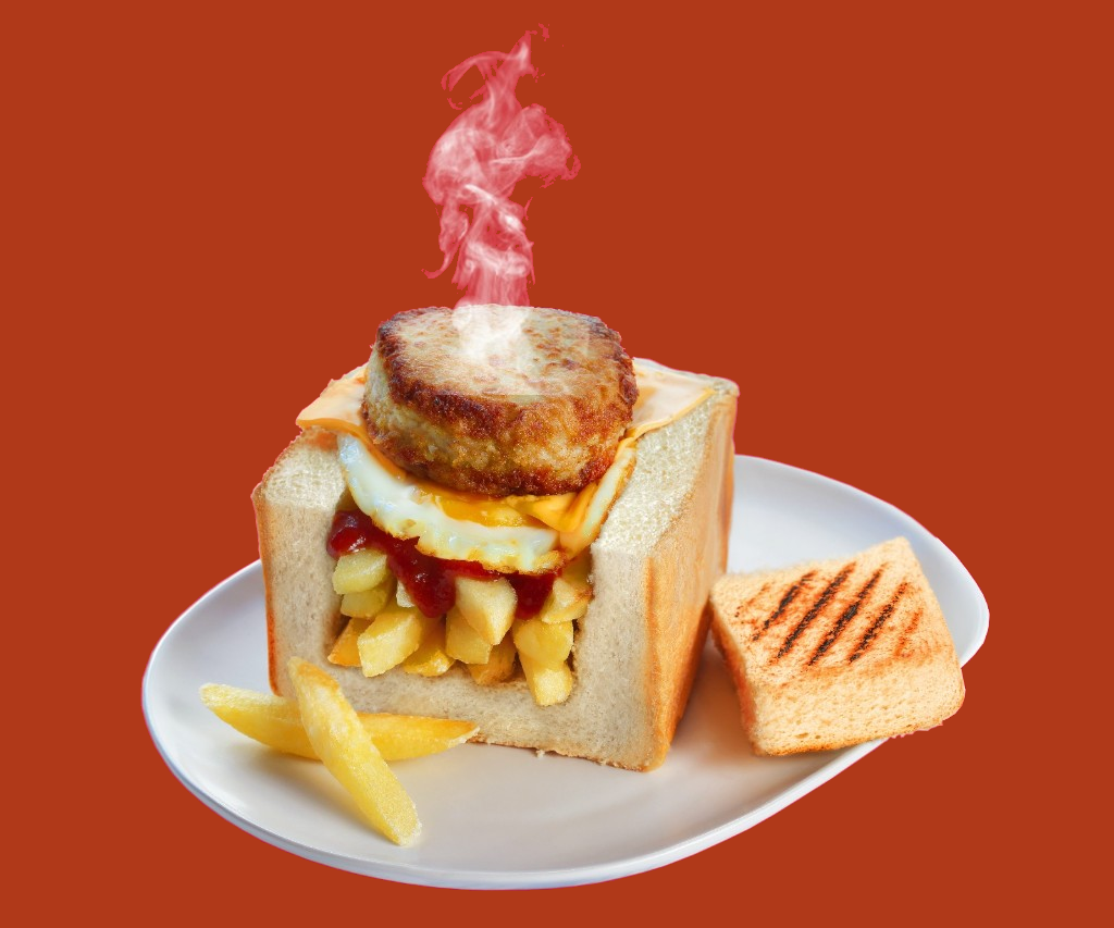 Lucky Chow kota with burger patty, cheese, egg, and chips