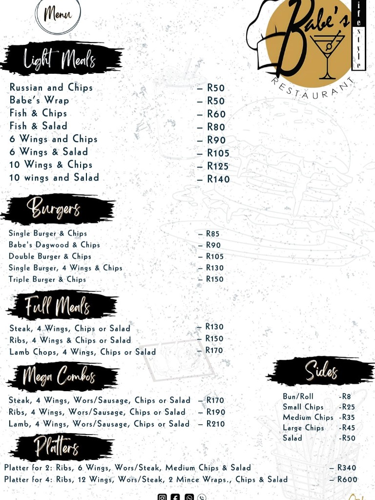 Babe's Restaurant — food menu (light meals, burgers, full meals, platters)