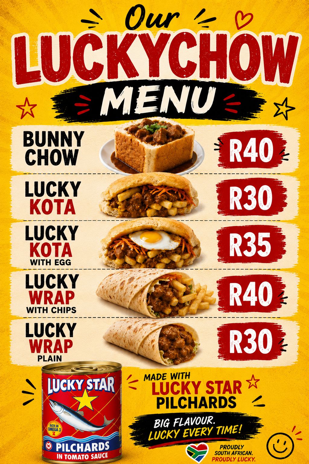 Lucky Chow menu — Bunny Chow, Lucky Kota, Lucky Wrap and more